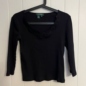 Lauren Ralph Lauren Ribbed Top With Lace Trim V‎ Neck Y2K Size S